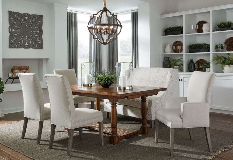 A bright dining room with upholstered seating